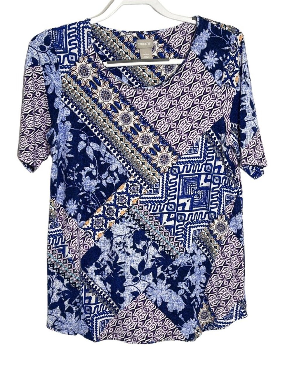 Chicos Womens 1 M Patchwork Print Blouse Blue Boho Short Sleeve Top